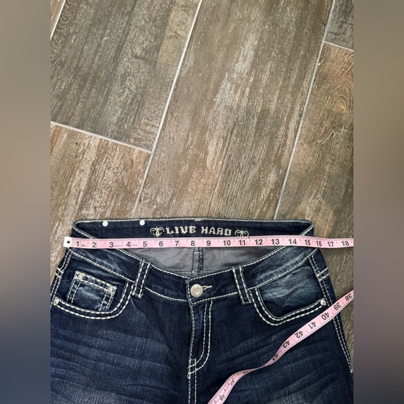 Live Hard Play Hard Design Silver Rhinestone Bootcut Mid-Rise Jeans Sz 30 L 36 - Picture 10 of 13